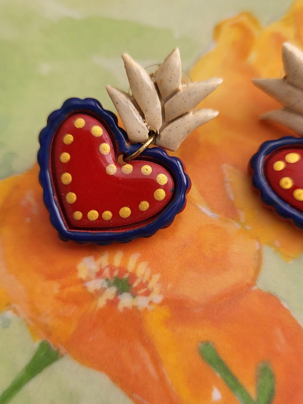 Handmade Polymer Clay Corazon Sagrado (Sacred Heart) Earrings